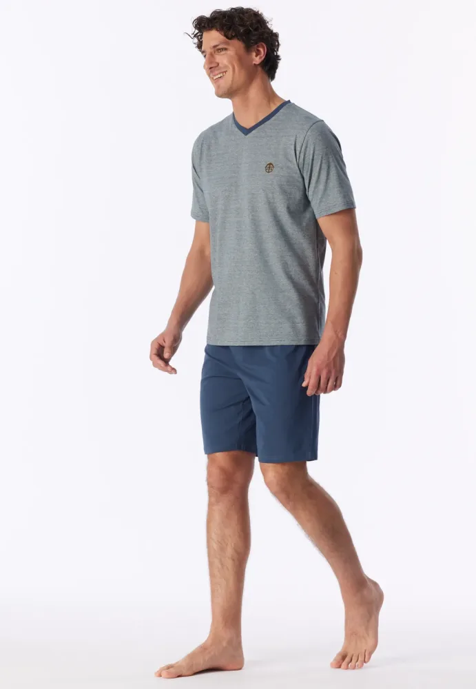 Schiesser Schlafanzug kurz Blau/Grau - 95/5 für Herren, Größe S, 95 % Baumwolle, 5 % Elasthan