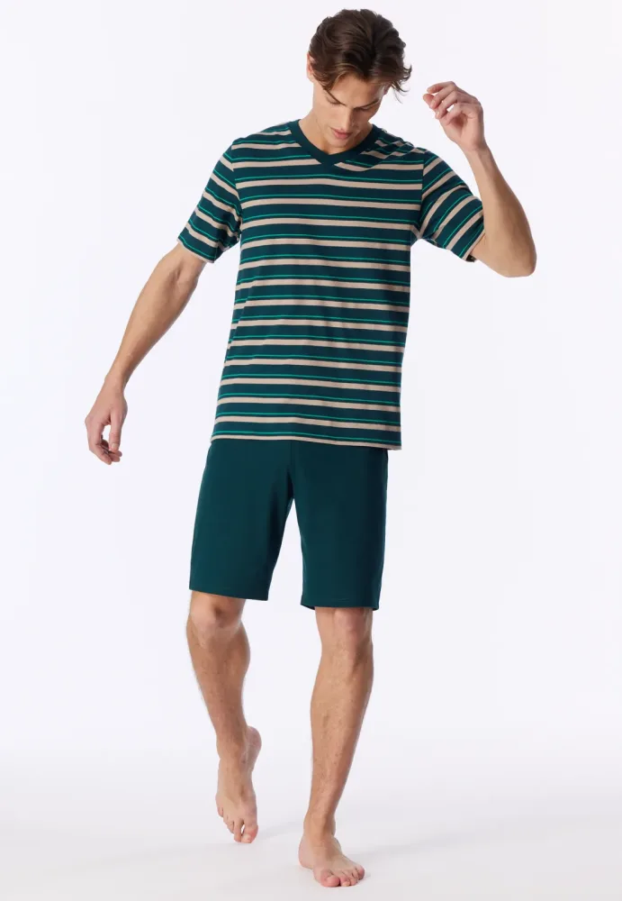 Schiesser Schlafanzug kurz Petrol/Beige gestreift - Casual Nightwear für Herren, Größe L, 100 % Baumwolle