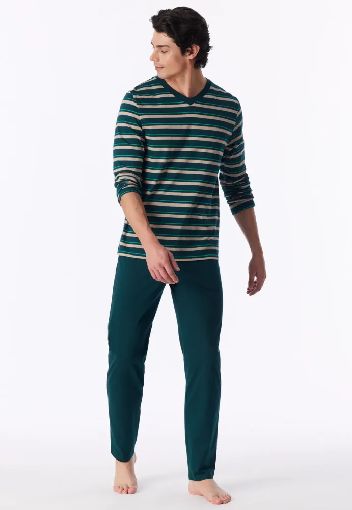 Schiesser Schlafanzug Petrol/Beige gestreift - Casual Nightwear für Herren, Größe L, 100 % Baumwolle