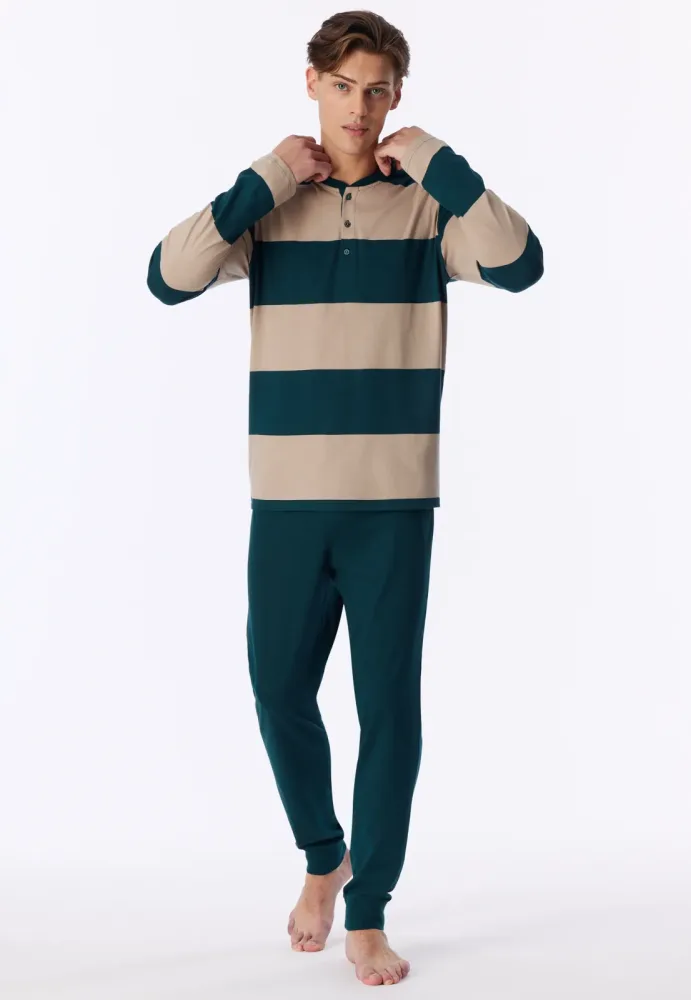 Schiesser Schlafanzug mit Bündchen Grün/Beige gestreift - Casual Nightwear für Herren, Größe XXL, 100 % Baumwolle