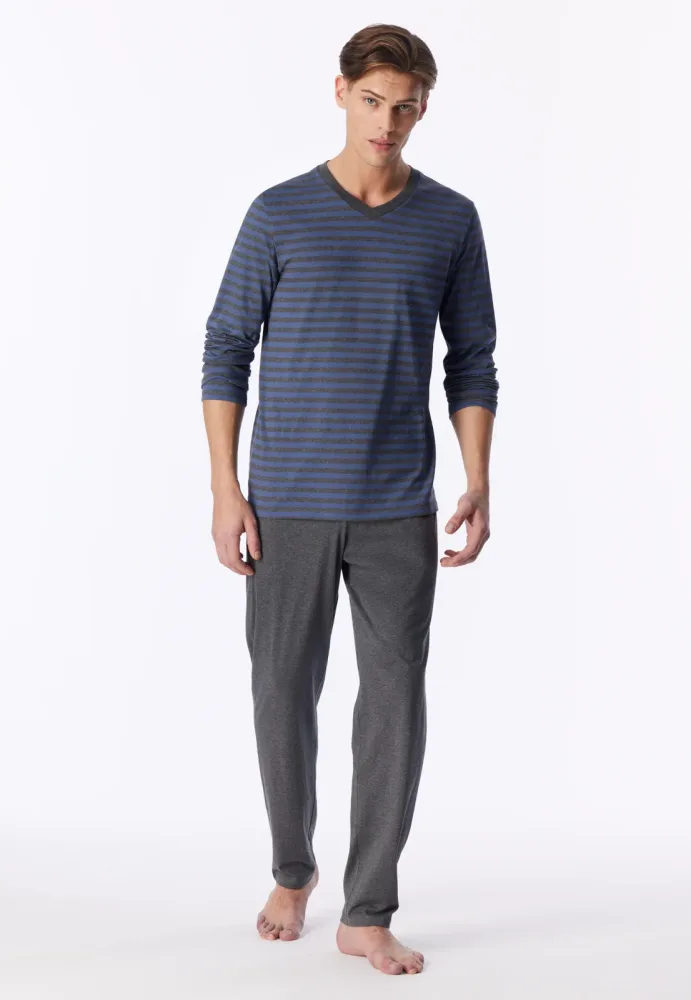 Schiesser Schlafanzug Blau/Grau gestreift - Casual Nightwear für Herren, Größe S, 100 % Baumwolle