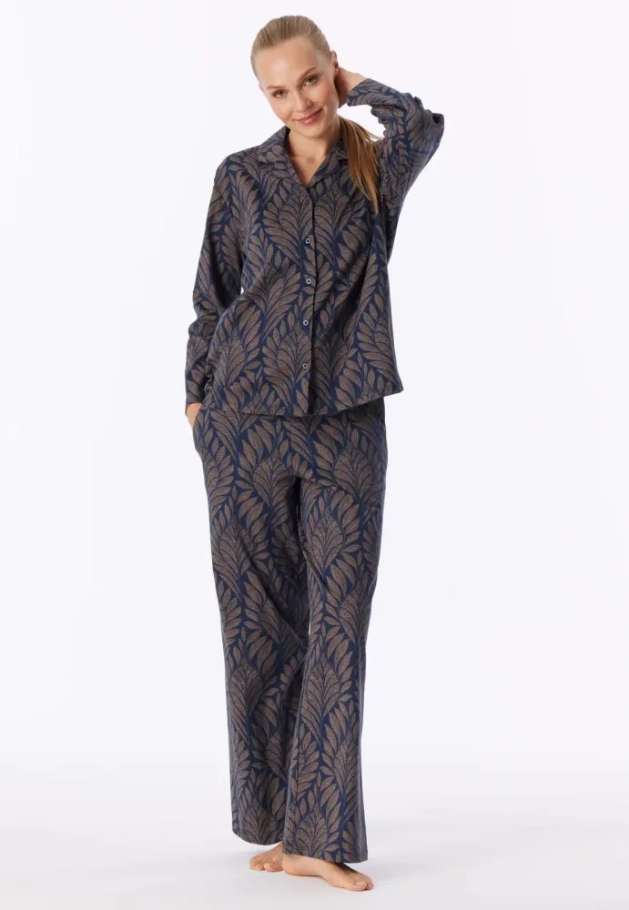 Schiesser Pyjama Dunkelblau gemustert - INTERLOCK für Damen, Größe L, 100 % Baumwolle