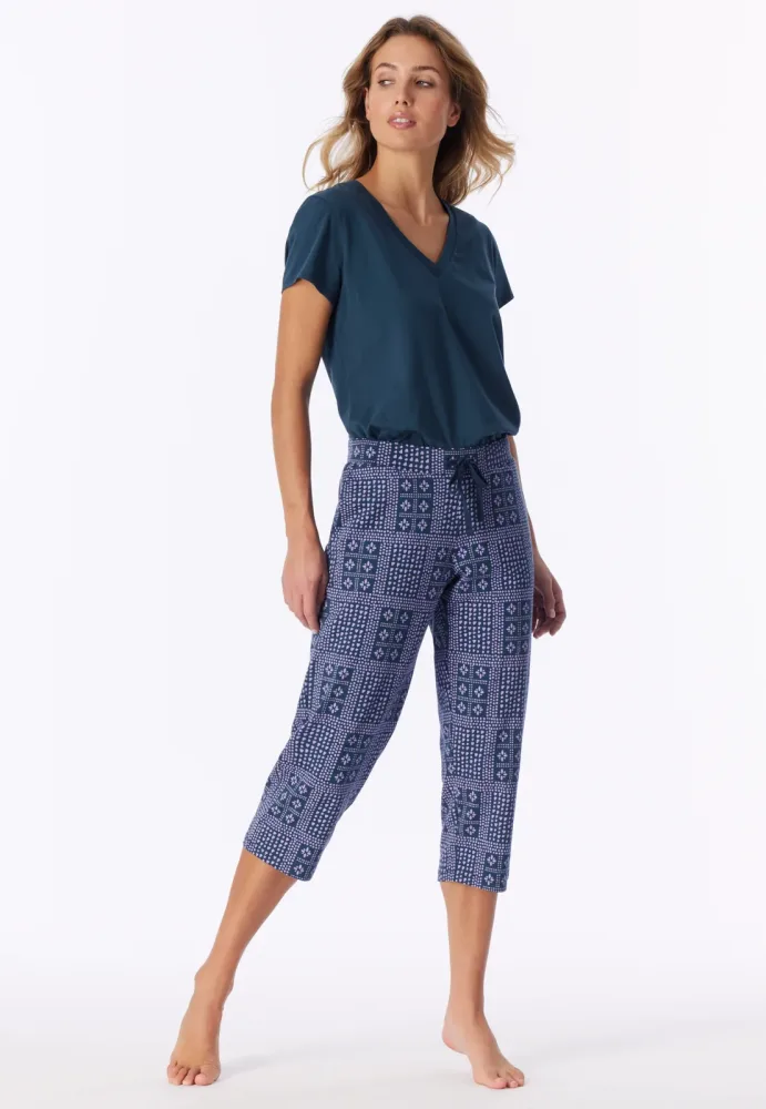 Schiesser Hose 3/4-lang Lila gemustert - Mix+Relax für Damen, Größe M, 95 % Baumwolle, 5 % Elasthan