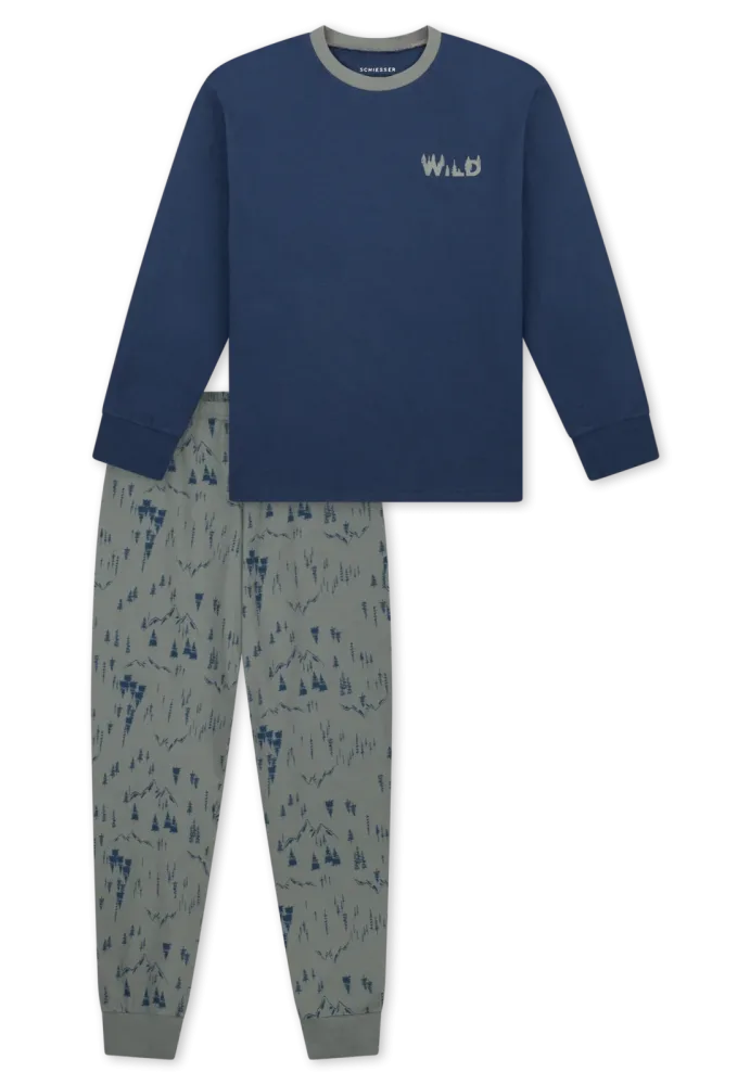 Schiesser Schlafanzug mit Bündchen Blau/Grau gemustert - Nightwear für Jungen, Größe M, 100 % Baumwolle