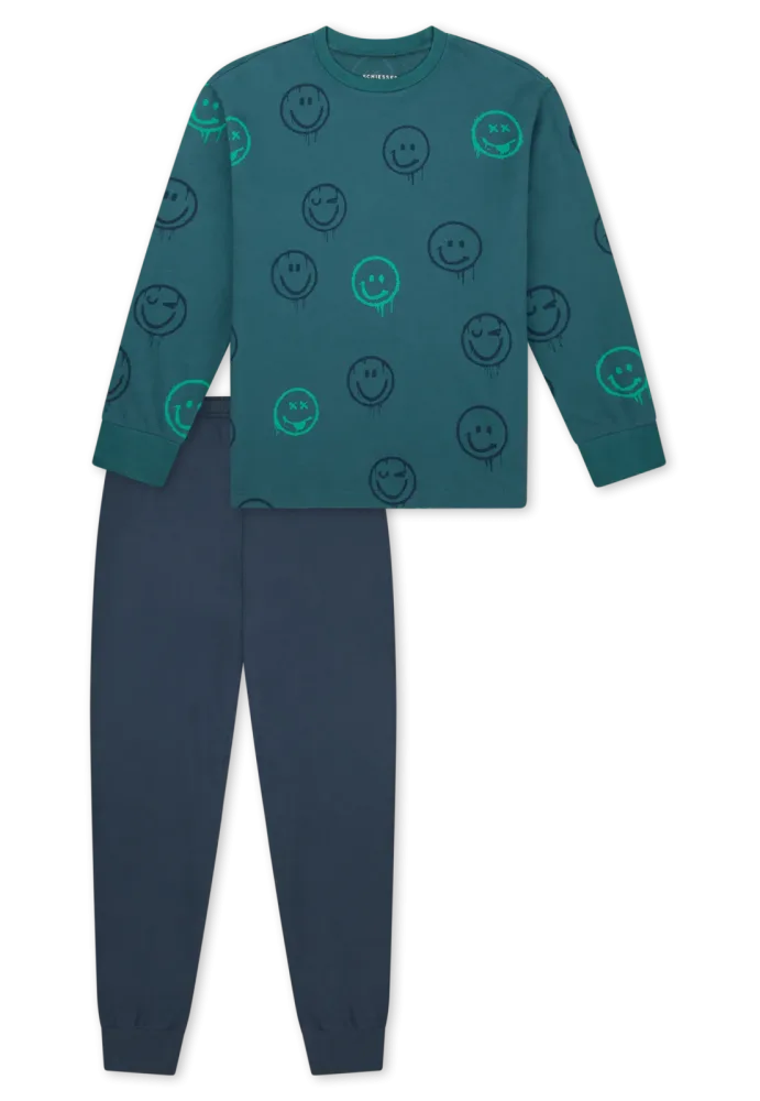 Schiesser Schlafanzug mit Bündchen Petrol/Blau gemustert - Nightwear für Jungen, Größe 4Y, 100 % Baumwolle