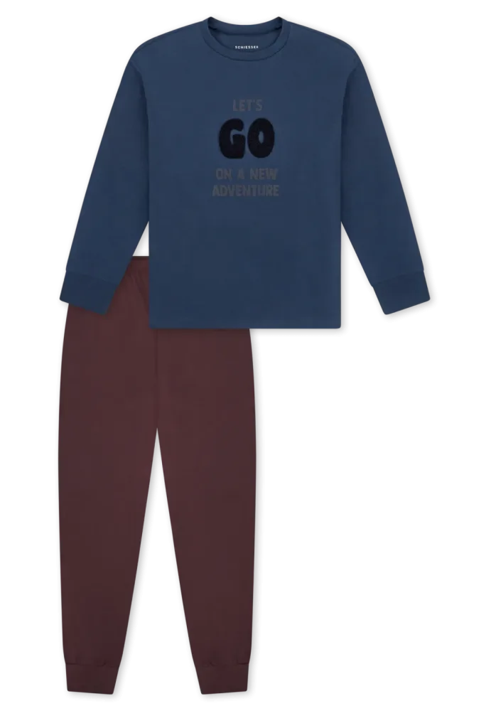 Schiesser Schlafanzug mit Bündchen Blau/Bordeaux - Nightwear für Jungen, Größe 6Y, 100 % Baumwolle