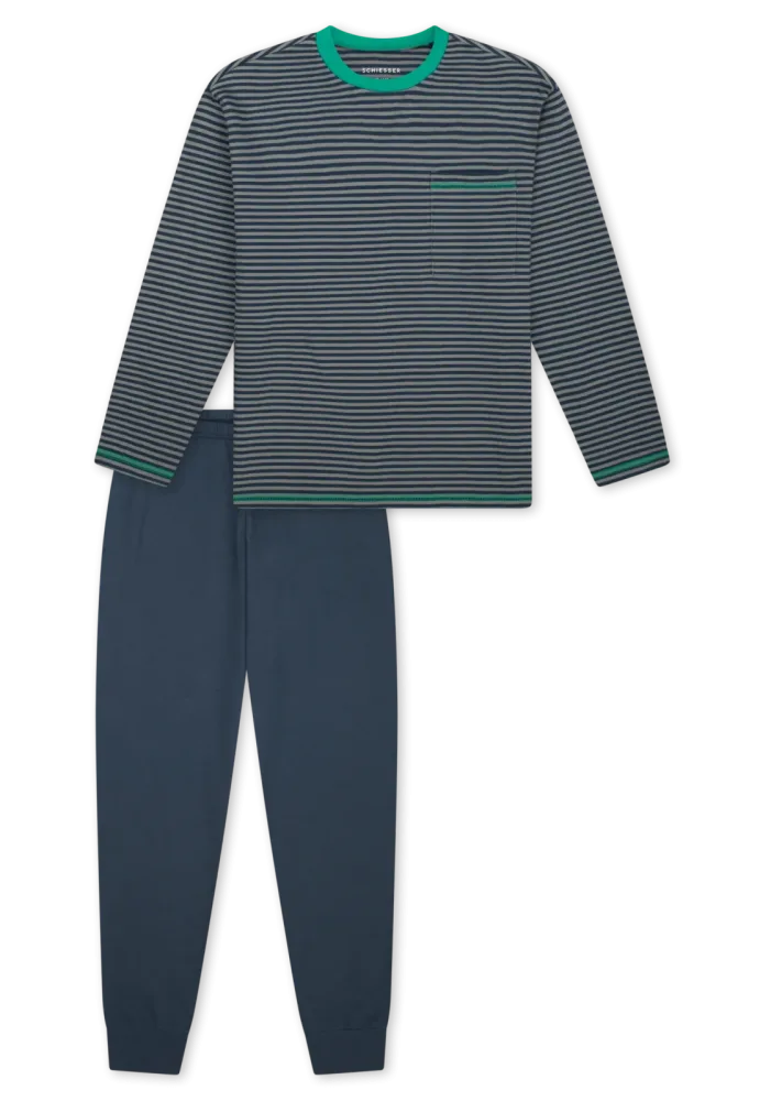Schiesser Schlafanzug mit Bündchen Blau gestreift - Nightwear für Jungen, Größe 3Y, 100 % Baumwolle
