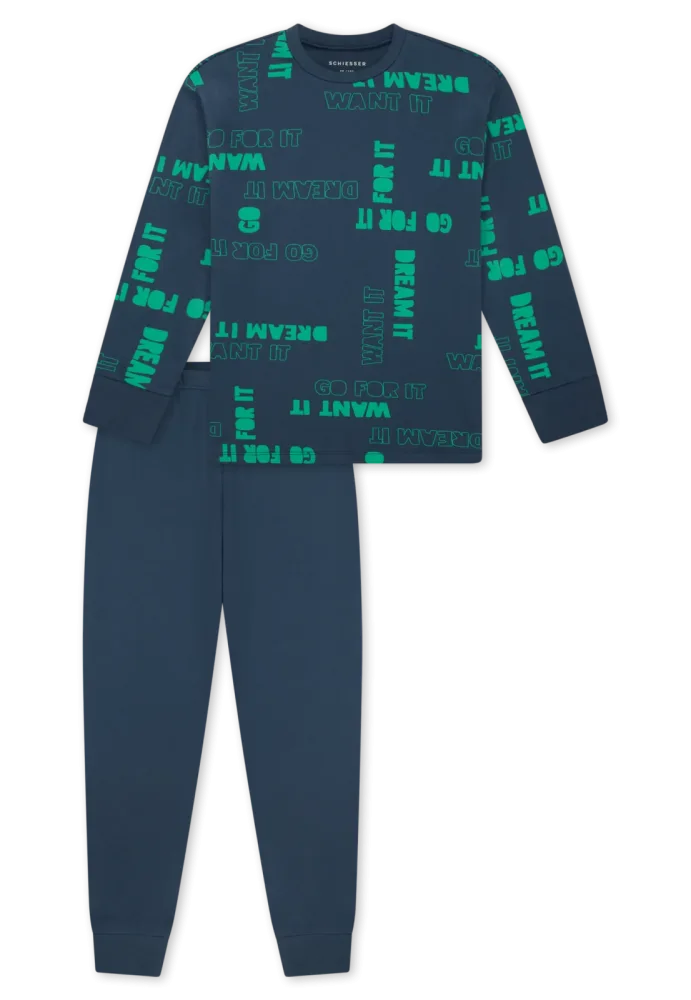 Schiesser Schlafanzug mit Bündchen Blau/Grün gemustert - Nightwear für Jungen, Größe 3Y, 100 % Baumwolle