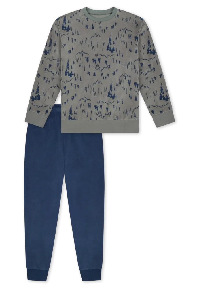 Schiesser Schlafanzug mit Bündchen Blau/Oliv gemustert - Nightwear für Jungen, Größe 4Y, 80 % Baumwolle, 20 % Polyester
