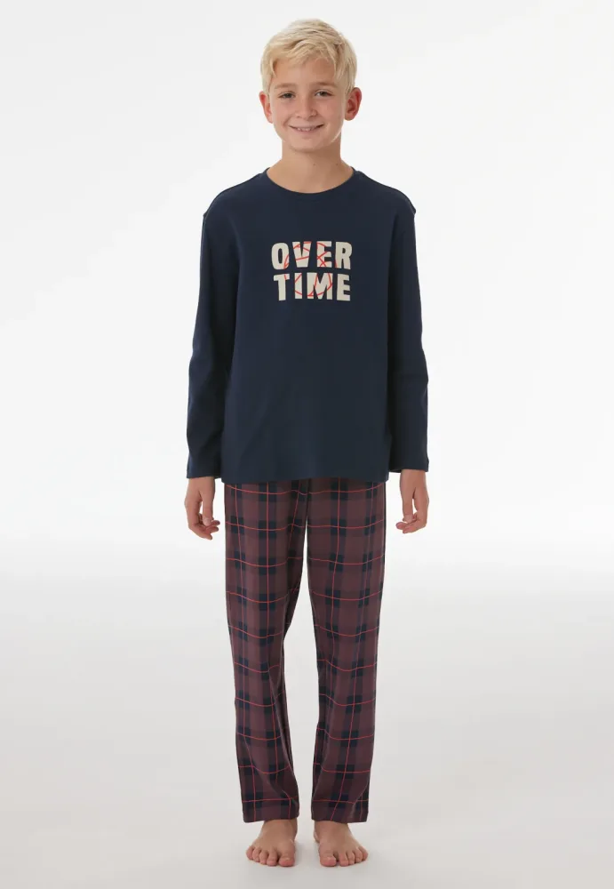 Schiesser Schlafanzug Dunkelblau/Bordeaux kariert - Nightwear für Jungen, Größe 4Y, 100 % Baumwolle