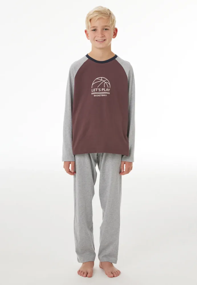 Schiesser Schlafanzug Grau/Bordeaux - Nightwear für Jungen, Größe 6Y, 100 % Baumwolle