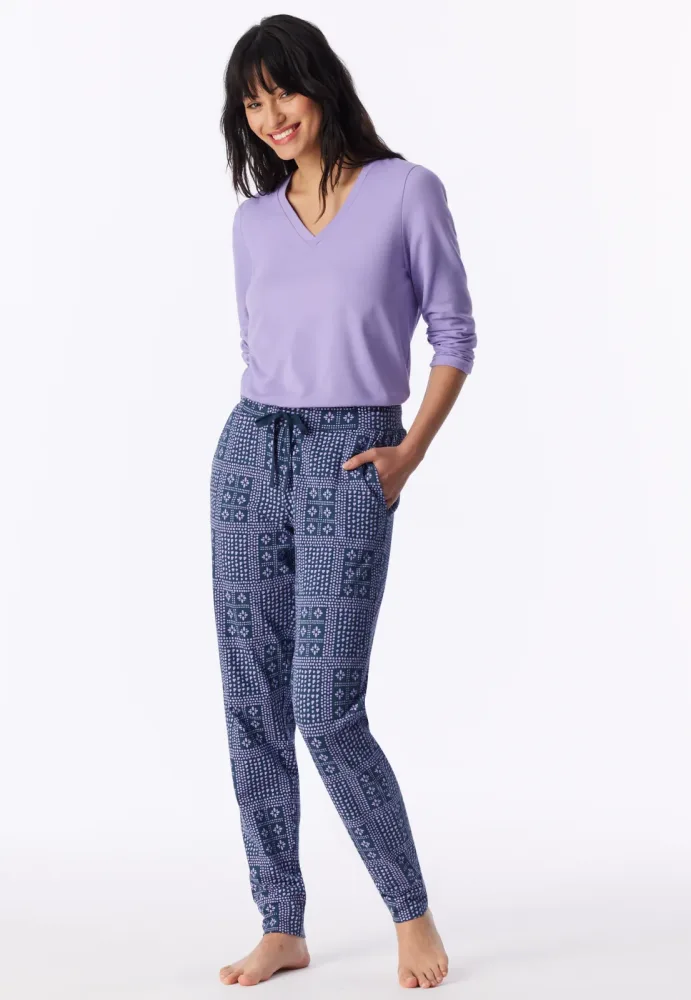 Schiesser Hose mit Bündchen Lila gemustert - Mix+Relax für Damen, Größe XS, 95 % Baumwolle, 5 % Elasthan