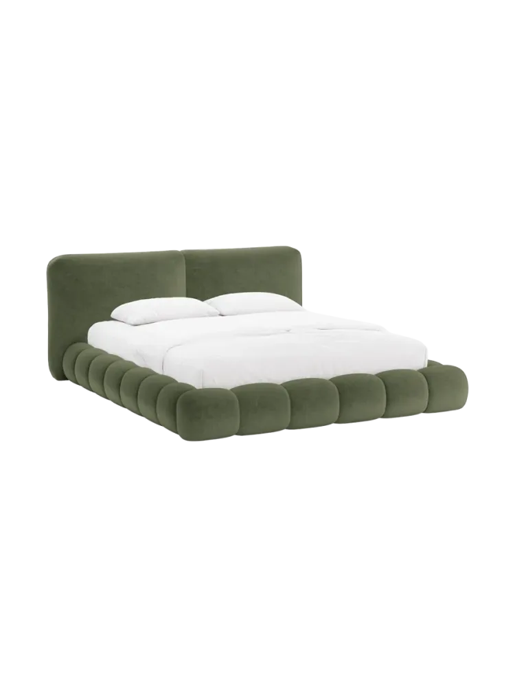 Design Polsterbett „Solange“ mit Ablagefach - Teddy Chenille Grün Chosen by Bloomingloft