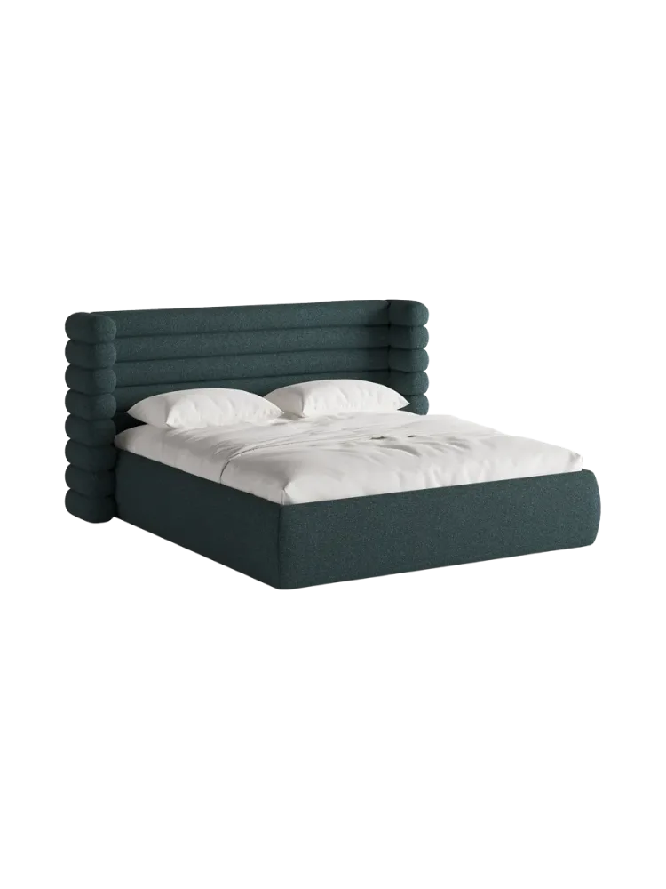 Design Polsterbett „Mount“ mit Ablagefach - Strukturstoff Grünblau Chosen by Bloomingloft
