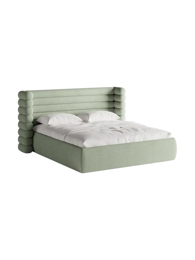 Design Polsterbett „Mount“ mit Ablagefach - Bouclé Minze Chosen by Bloomingloft