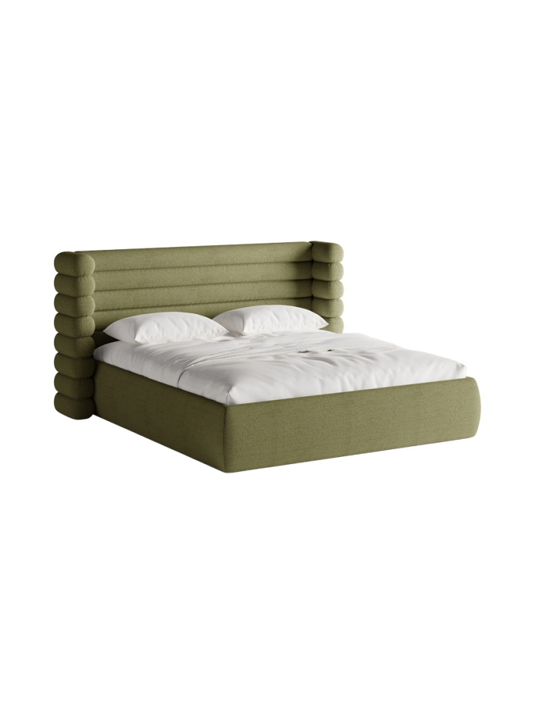 Design Polsterbett „Mount“ mit Ablagefach - Bouclé Olivgrün Chosen by Bloomingloft