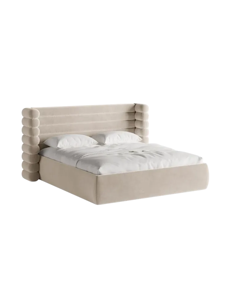 Design Polsterbett „Mount“ mit Ablagefach - Samt Beige Chosen by Bloomingloft