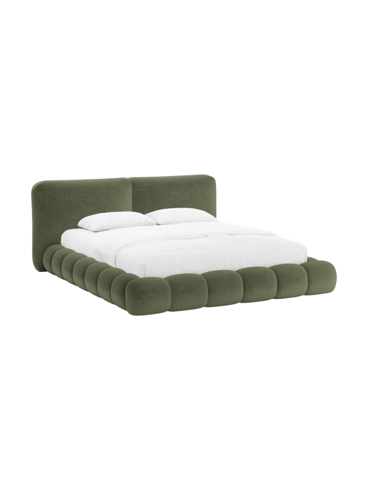 Design Polsterbett „Solange“ mit Ablagefach - Teddy Chenille Grün Chosen by Bloomingloft