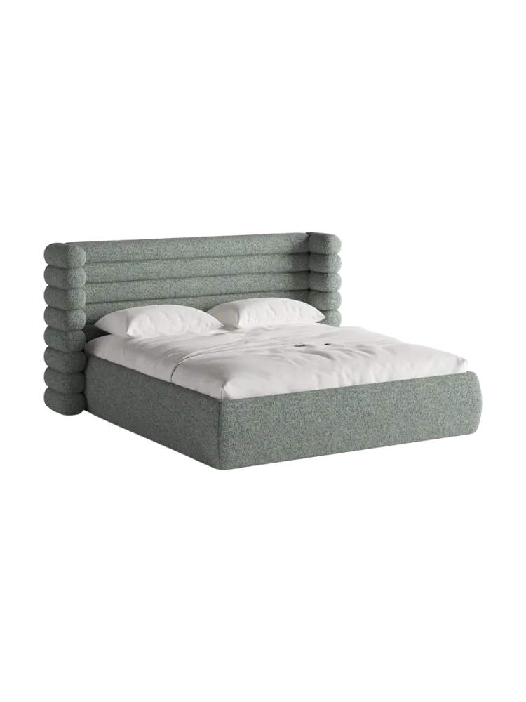 Design Polsterbett „Mount“ mit Ablagefach - Strukturstoff Moosgrün Chosen by Bloomingloft