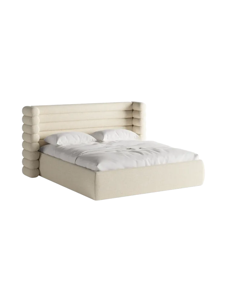 Design Polsterbett „Mount“ mit Ablagefach - Strukturstoff Light Beige Chosen by Bloomingloft