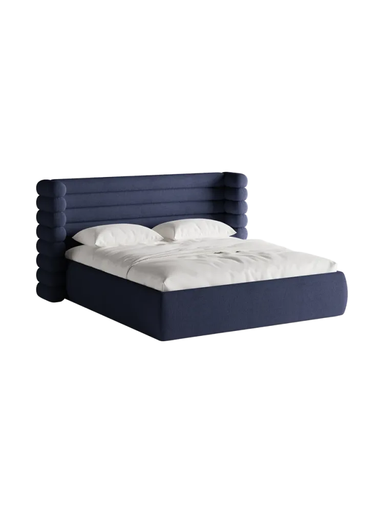 Design Polsterbett „Mount“ mit Ablagefach - Bouclé Marineblau Chosen by Bloomingloft