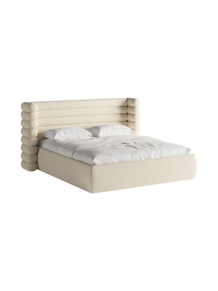 Design Polsterbett „Mount“ mit Ablagefach - Strukturstoff Light Beige Chosen by Bloomingloft