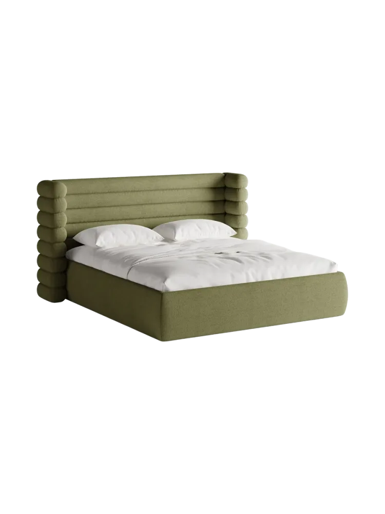 Design Polsterbett „Mount“ mit Ablagefach - Bouclé Olivgrün Chosen by Bloomingloft