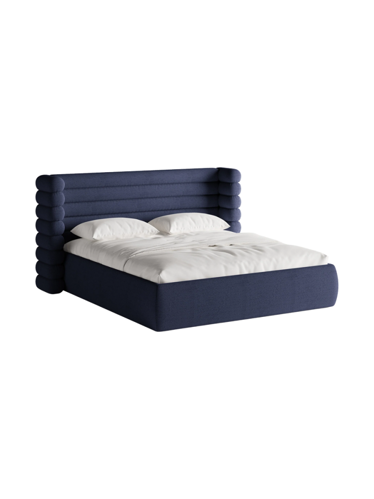 Design Polsterbett „Mount“ mit Ablagefach - Bouclé Marineblau Chosen by Bloomingloft