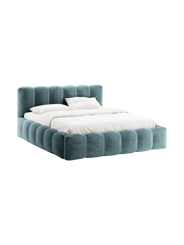 Design Polsterbett „Lupine“ mit Ablagefach - Chenille Jeansblau Chosen by Bloomingloft