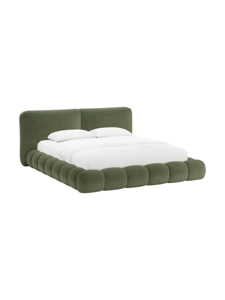 Design Polsterbett „Solange“ mit Ablagefach - Teddy Chenille Grün Chosen by Bloomingloft
