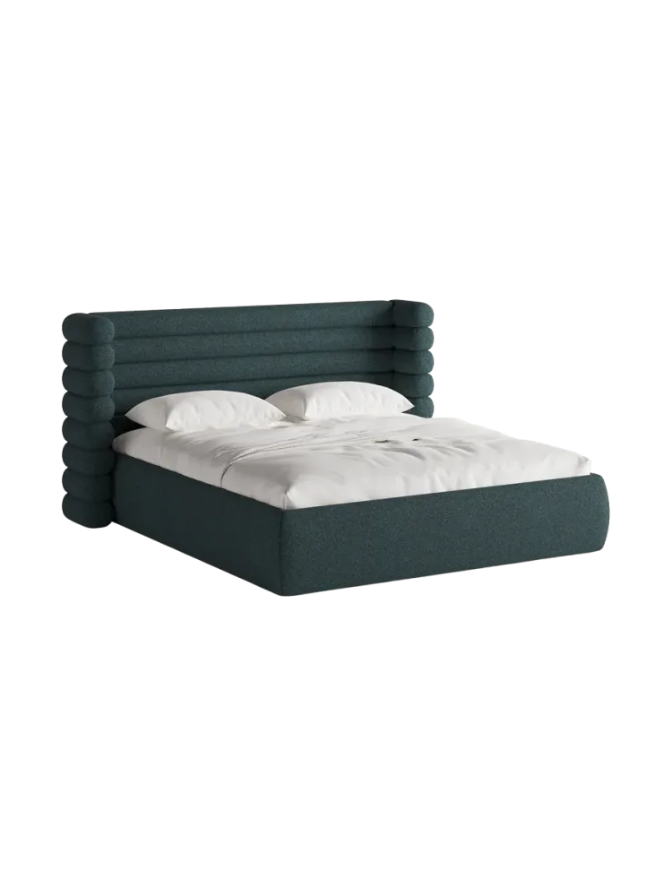 Design Polsterbett „Mount“ mit Ablagefach - Strukturstoff Grünblau Chosen by Bloomingloft