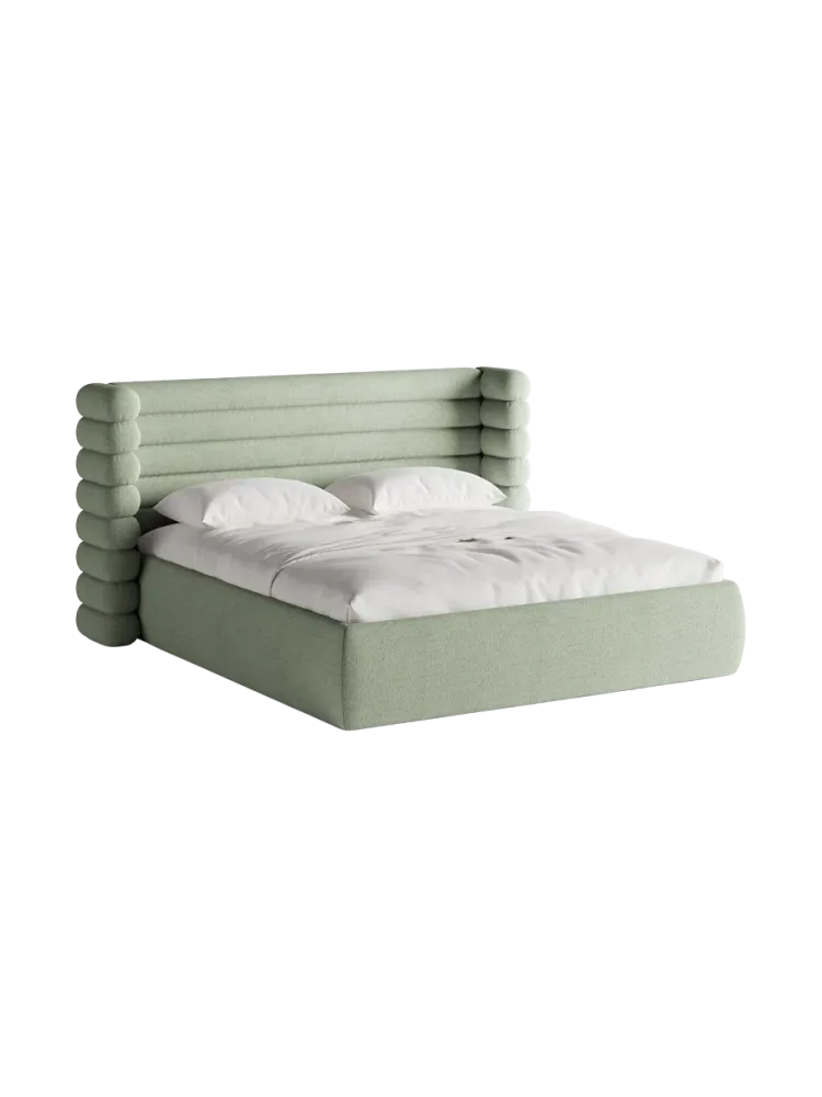 Design Polsterbett „Mount“ mit Ablagefach - Bouclé Minze Chosen by Bloomingloft