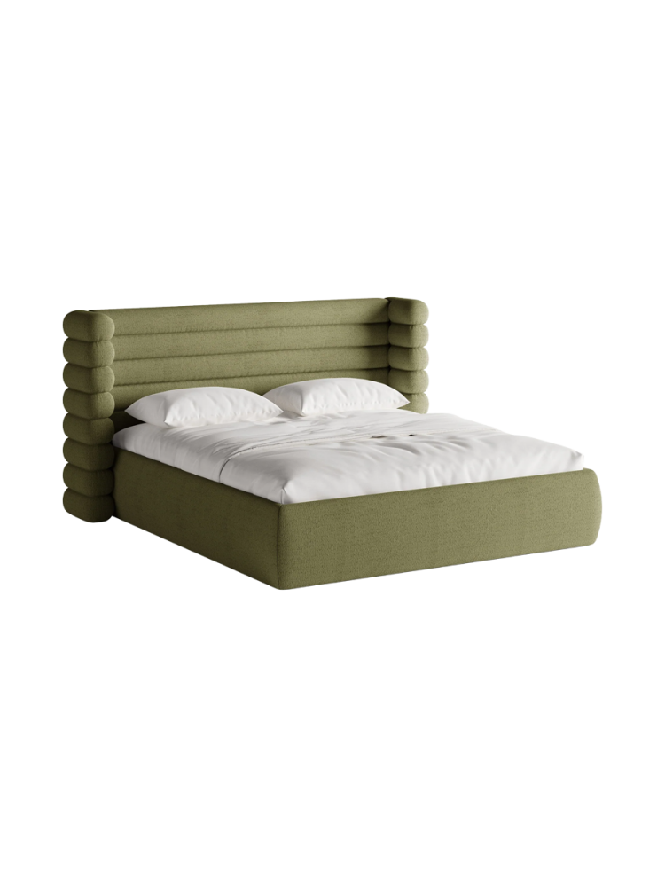 Design Polsterbett „Mount“ mit Ablagefach - Bouclé Olivgrün Chosen by Bloomingloft