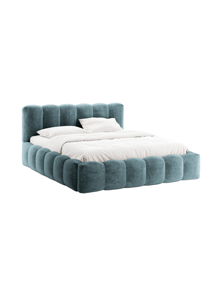 Design Polsterbett „Lupine“ mit Ablagefach - Chenille Jeansblau Chosen by Bloomingloft