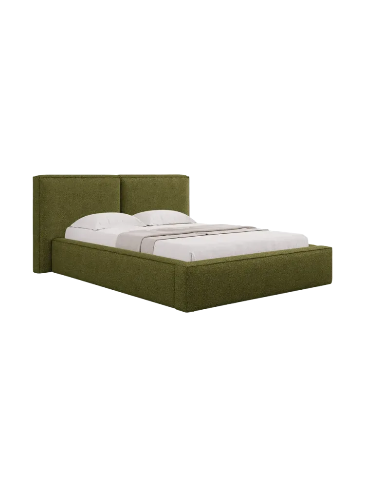 Design Polsterbett „Jodie“ mit Ablagefach - Bouclé Olivgrün Chosen by Bloomingloft
