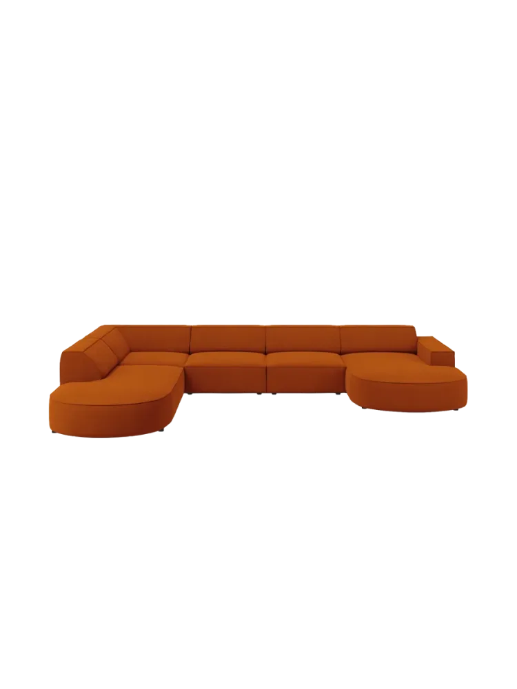 Grosses 7-Sitzer Design Panoramasofa „Jodie II“ mit lange Seite links - Strukturstoff Chosen by Bloomingloft