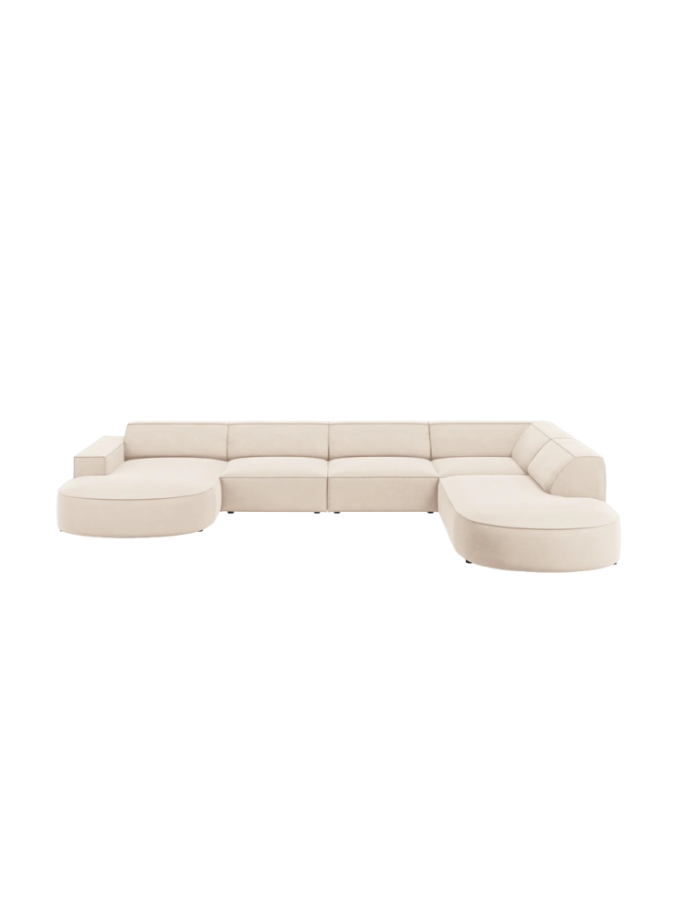 Grosses 7-Sitzer Design Panoramasofa „Jodie II“ mit lange Seite rechts - Samtbezug Chosen by Bloomingloft