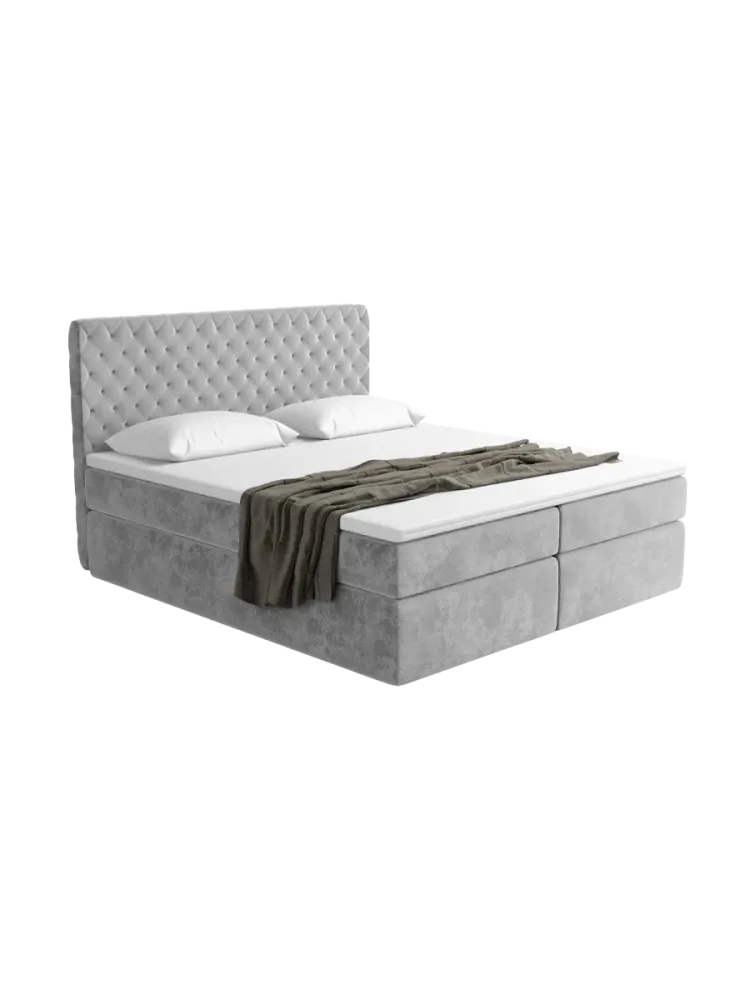 Design Boxspringbett „Mistura“ mit Ablagefach, Samt Hellgrau BLOOMINGLOFT Collection