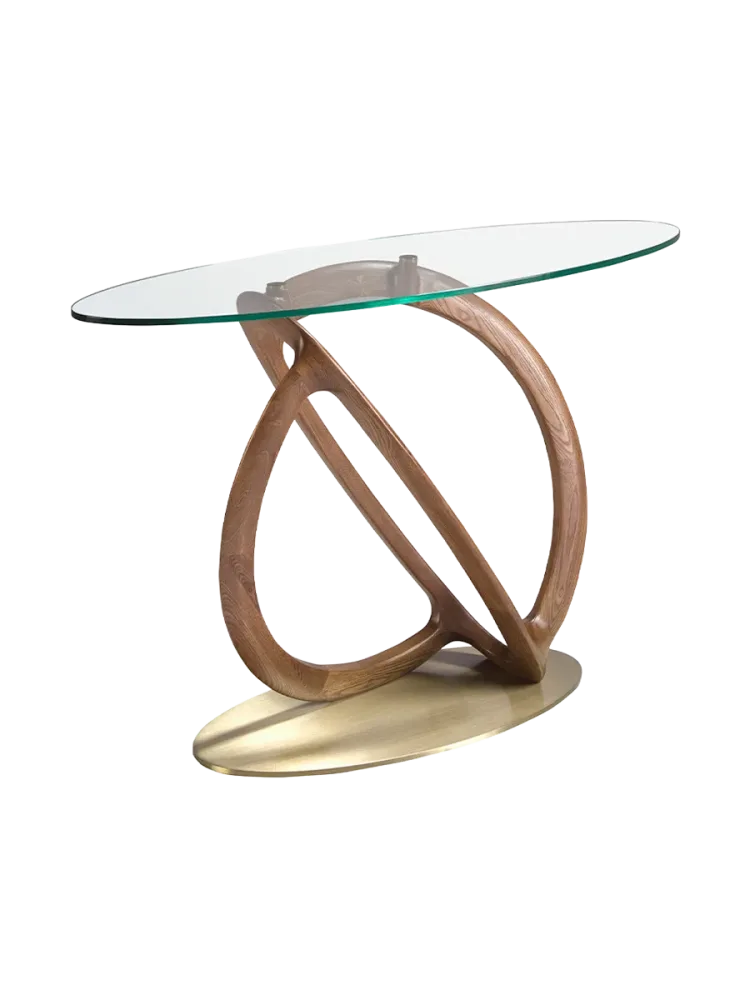ANGEL CERDA - Oval Konsole oval gehärtetem Glas, Nussbaum und golden poliertem Stahl, One Size