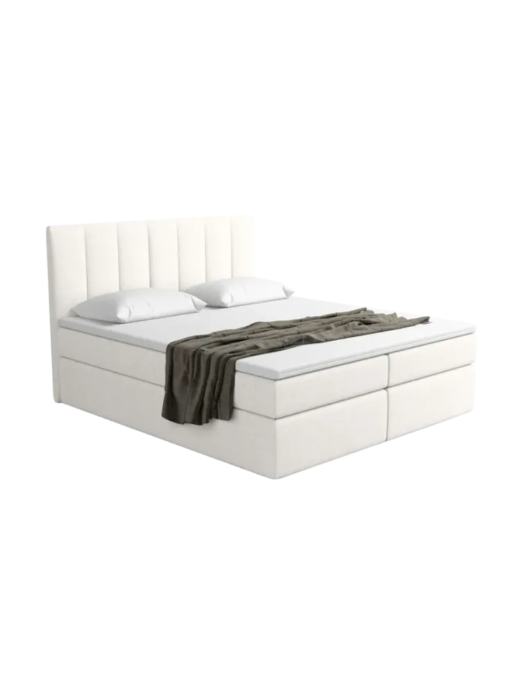 Design Boxspringbett „Saudade“ mit Ablagefach, Webstoff Weiss Strukturstoff Weiss BLOOMINGLOFT Collection