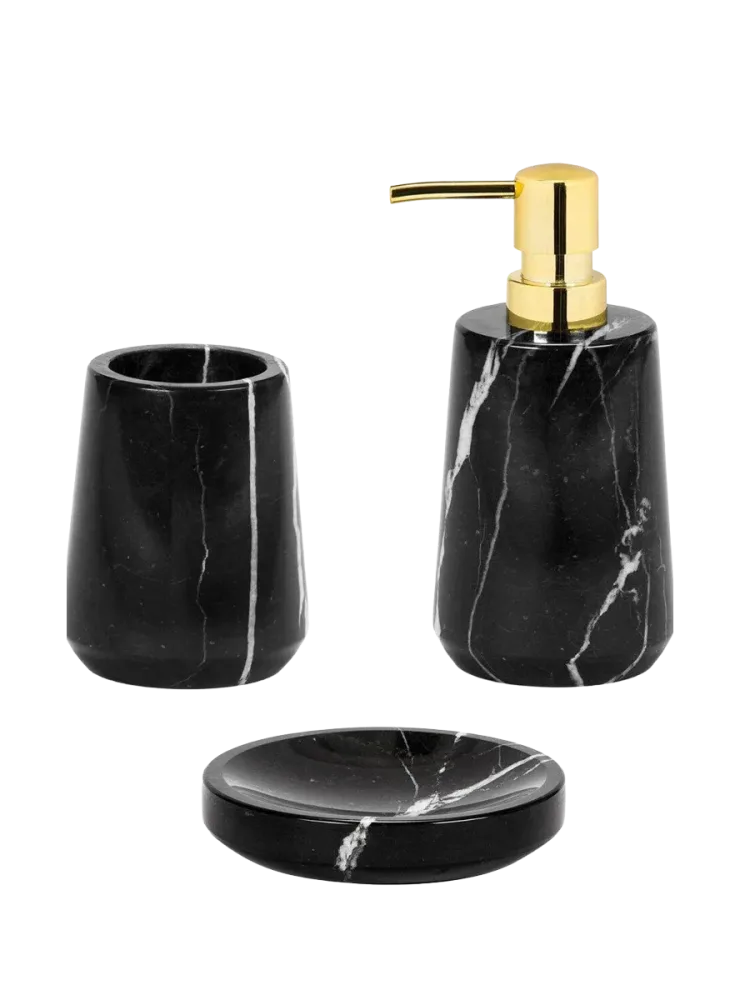 3-teiliges Bad-Set „Black Marble“ aus Marmor Schwarz Andrea House