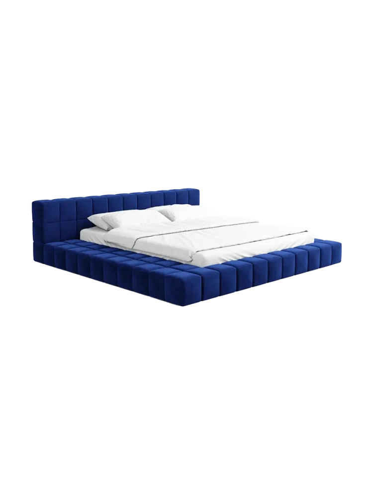 Design Polsterbett „Caspa“ mit Ablagefach, Samt Dunkelblau BLOOMINGLOFT Collection