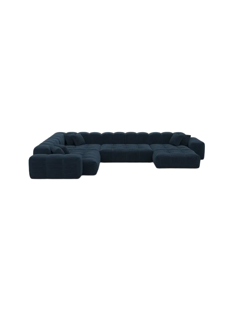 7-Sitzer Design Panorama-Sofa „Kiano XXL“, Cordsamt Cordsamt Dunkelblau BLOOMINGLOFT Collection