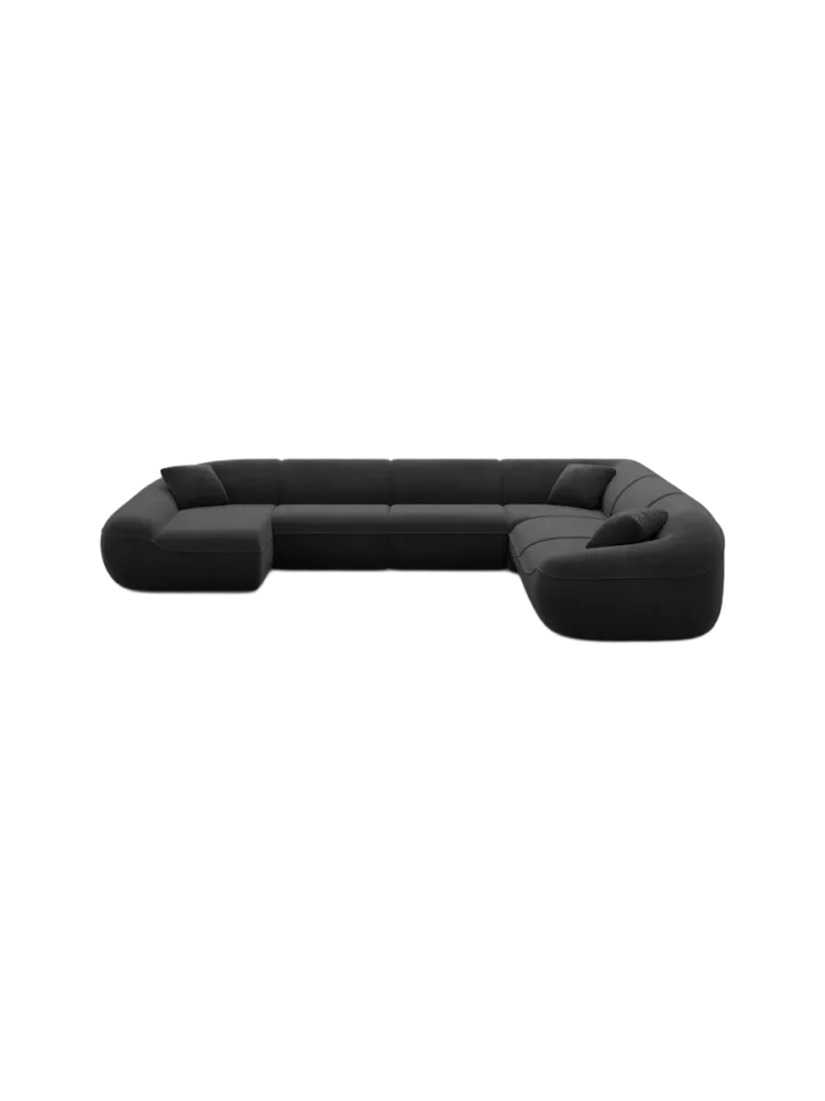 7-Sitzer Design Panorama-Sofa „Kitana XXL“ mit Samtbezug Samtbezug Schwarz BLOOMINGLOFT Collection