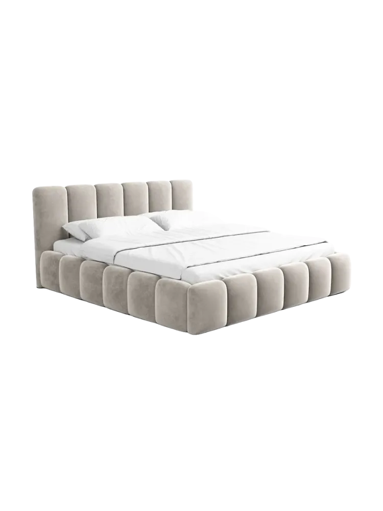 Design Polsterbett „Lava“ mit Ablagefach, Samt Sand BLOOMINGLOFT Collection