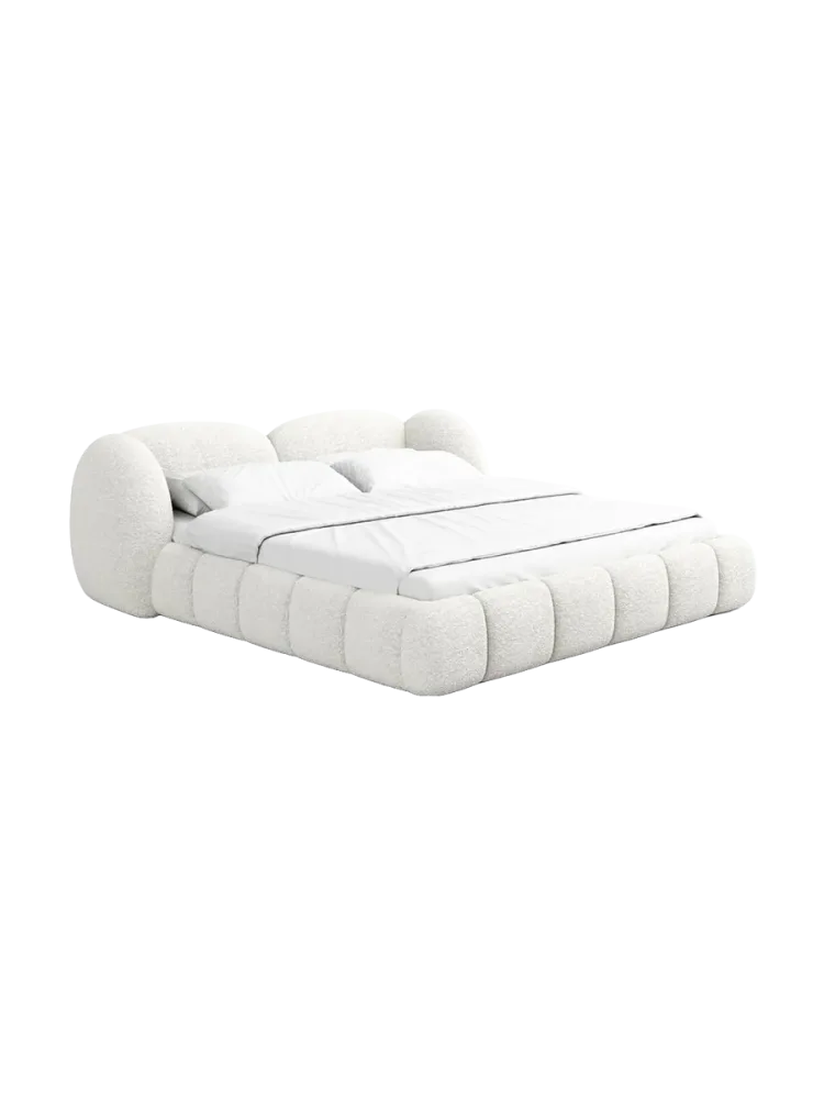 Design Polsterbett „Looma“ mit Ablagefach, Bouclé Weiss BLOOMINGLOFT Collection