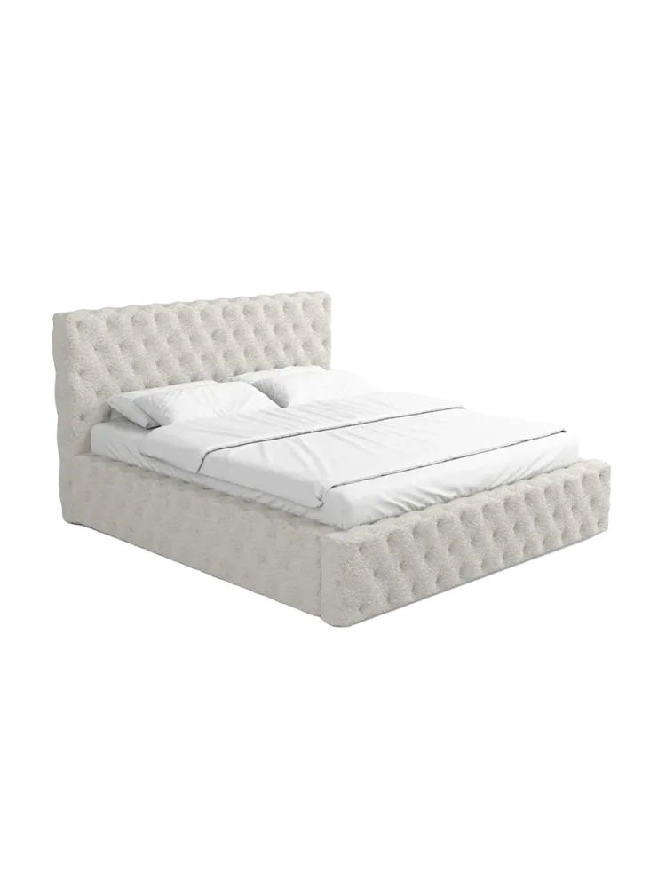 Design Polsterbett „Perla“ mit Ablagefach, Bouclé Weiss BLOOMINGLOFT Collection
