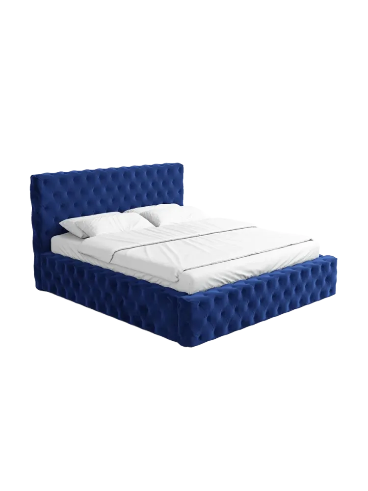 Design Polsterbett „Perla“ mit Ablagefach, Samt Dunkelblau BLOOMINGLOFT Collection