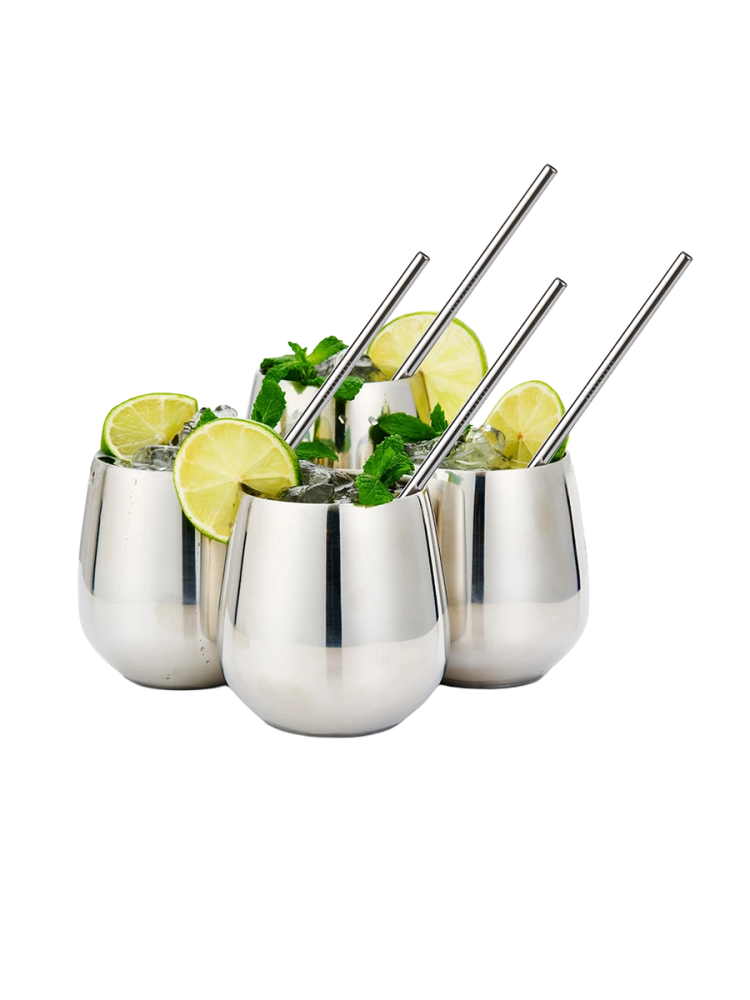 4-er Set bruchsichere Tumbler-Gläser & Strohhalme „Steel“ aus Edelstahl, 350 ml Oak & Steel