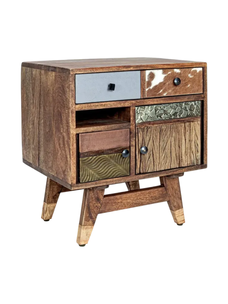 Massiver Design Nachttisch „Dhaval“ Mangoholz Multicolor Bizzotto